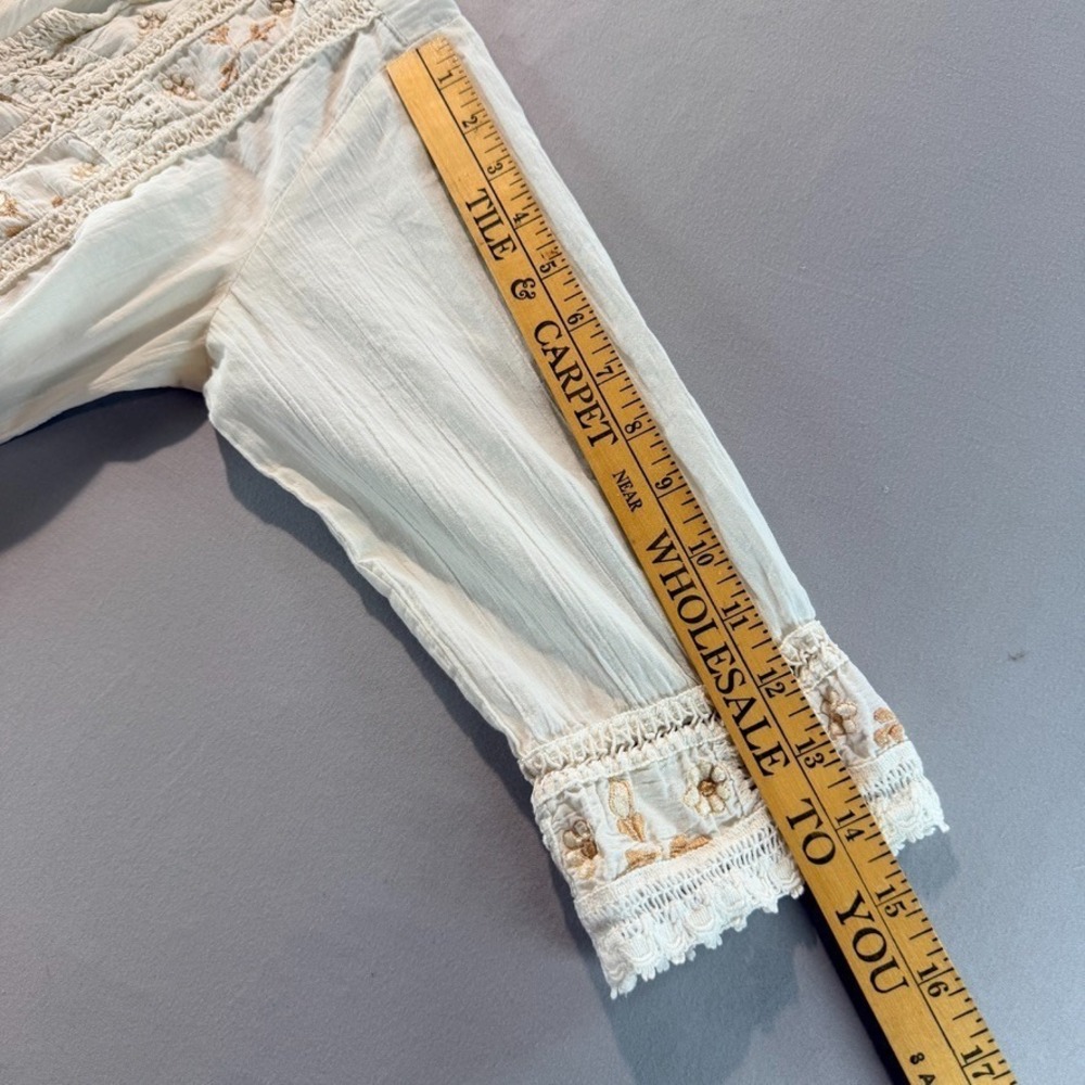 Boho Embroidered Peasant Blouse Cream Cotton Gauze Top Cottagecore - Picture 8 of 8